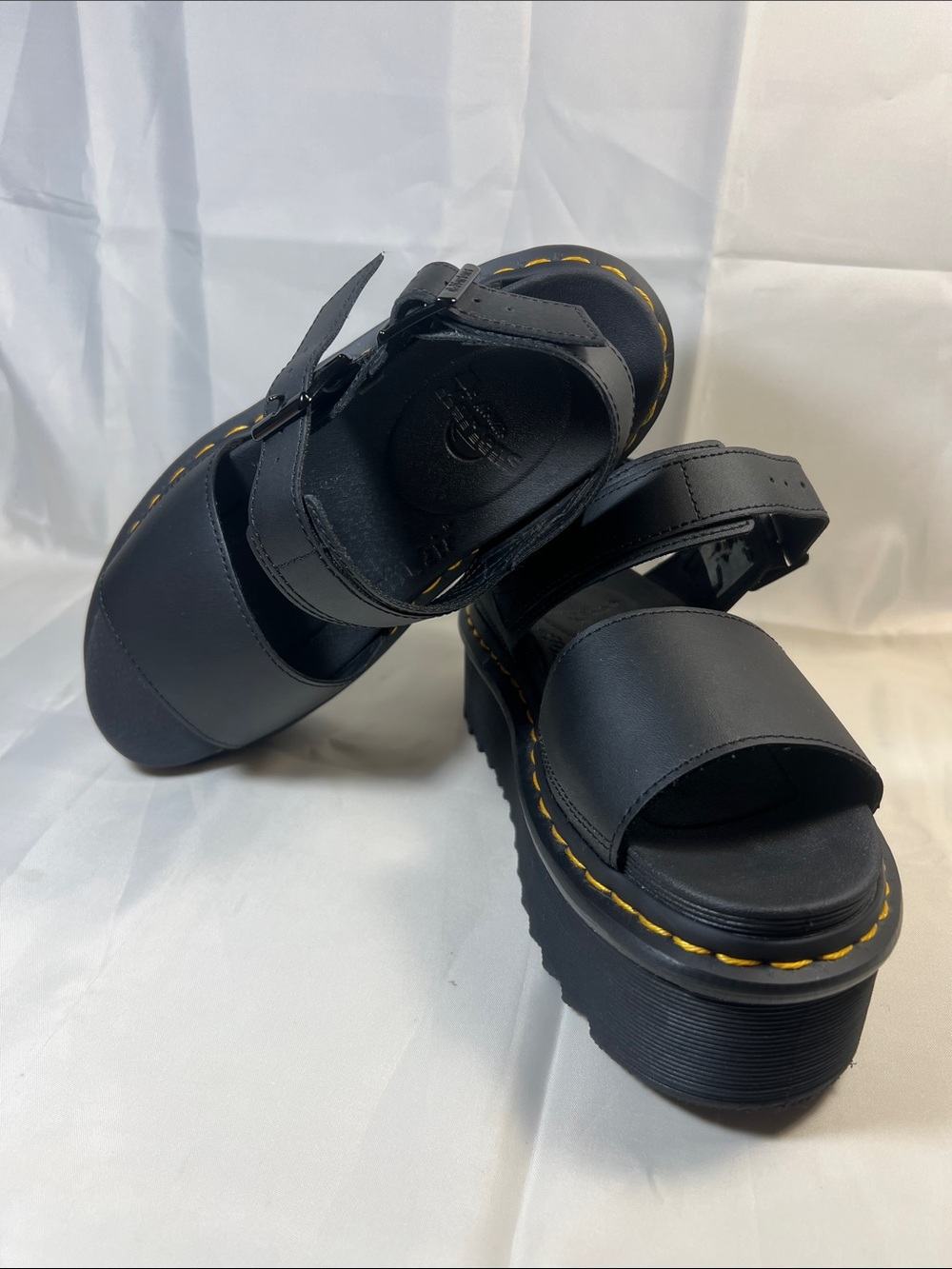 Dr. Martens Black Platform Buckle Sandal with Yellow Stitching